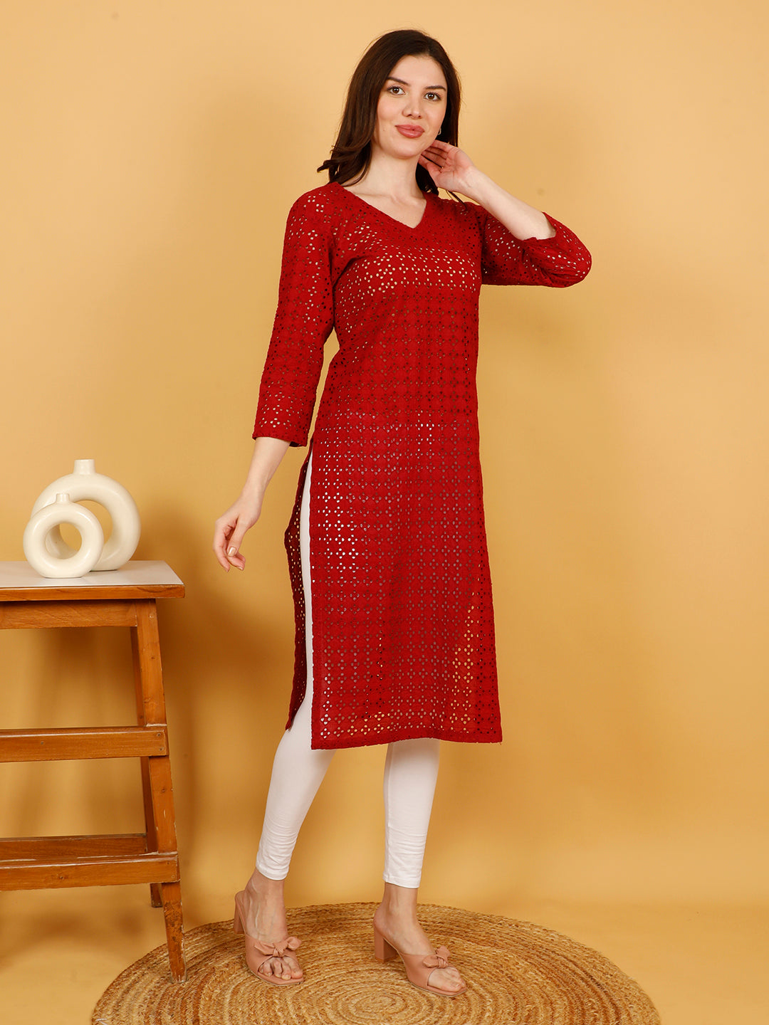 Styleboat Elegant Maroon Chikankari Cotton Kurti for Women – Festive & Office Wear